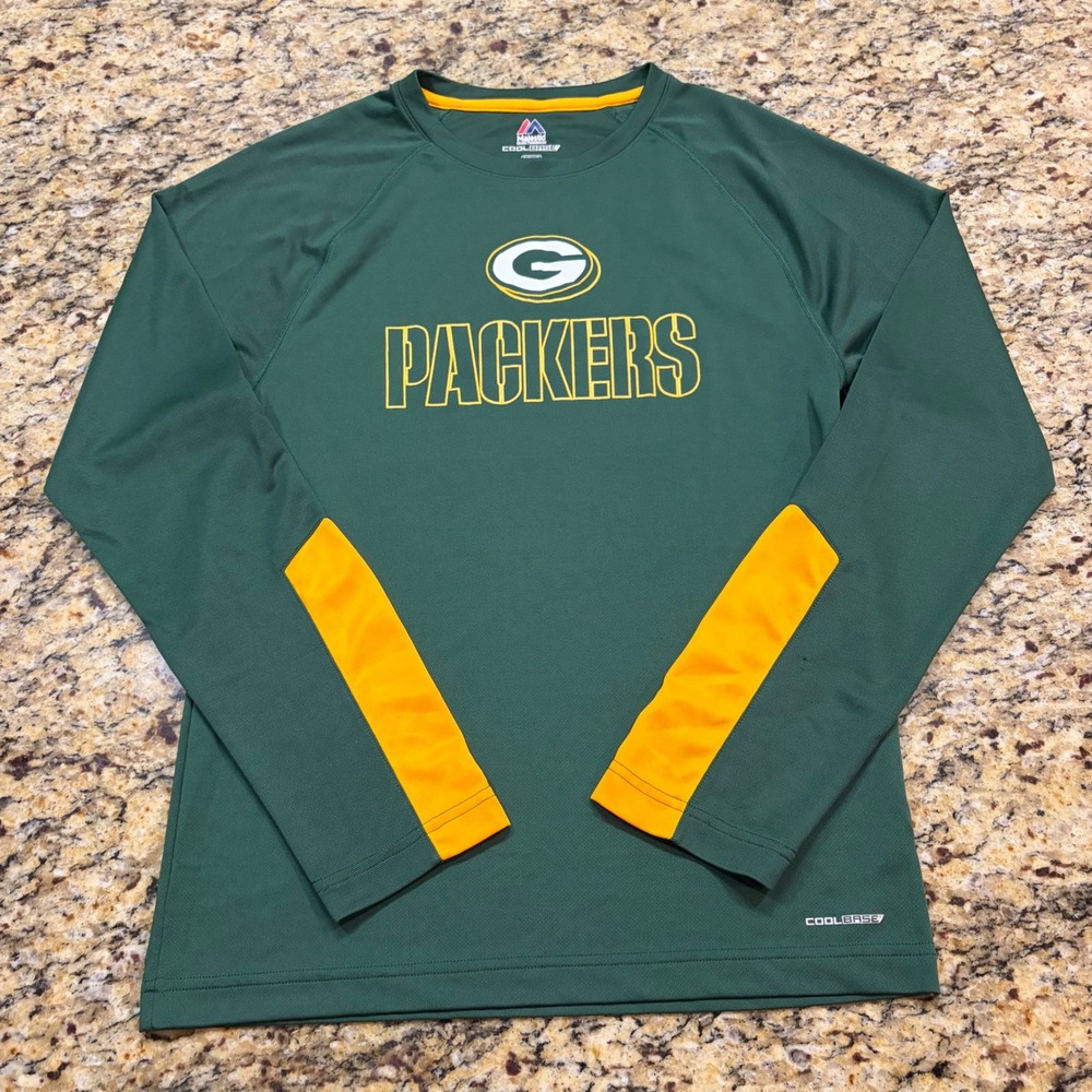 Majestic Green Bay Packers Cool Base Long Sleeve Shirt Mens Small Green Gold ws